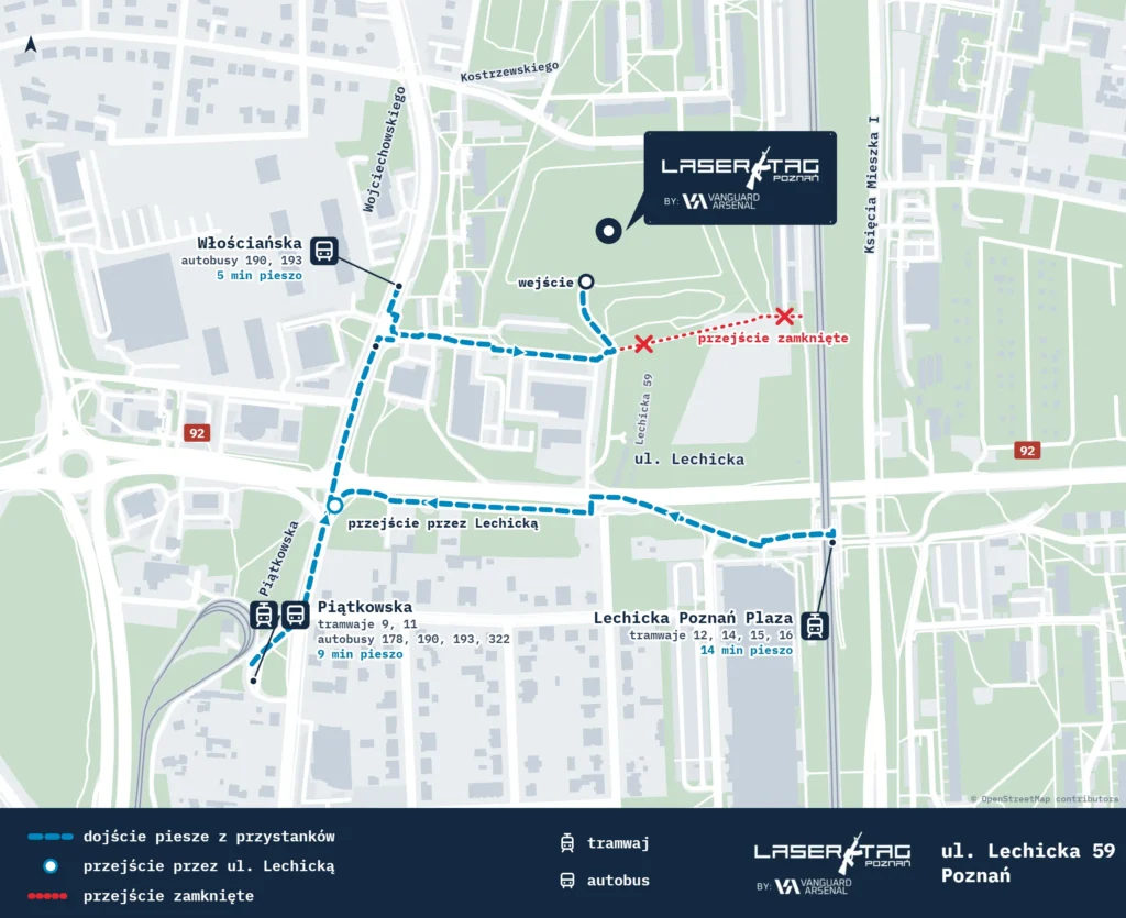 Mapa dojazdu komunikacją miejską do Laser Tag Poznań na Forcie Va – dojście piesze z przystanków Lechicka Poznań Plaza, Piątkowska i Włościańska