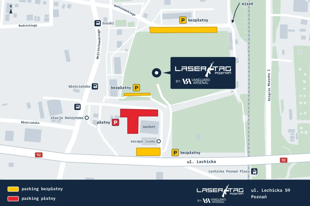 Mapa dojazdu do Laser Tag Poznań na Forcie Va – parkingi bezpłatne (żółte) i płatny (czerwony), wjazd od strony ul. Księcia Mieszka I